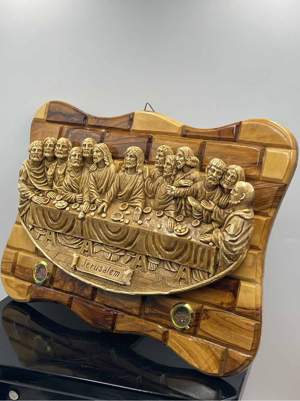 Holy Land Religious Art: Last Supper 3D Wall Plaque Crafted w/Genuine Olive Wood